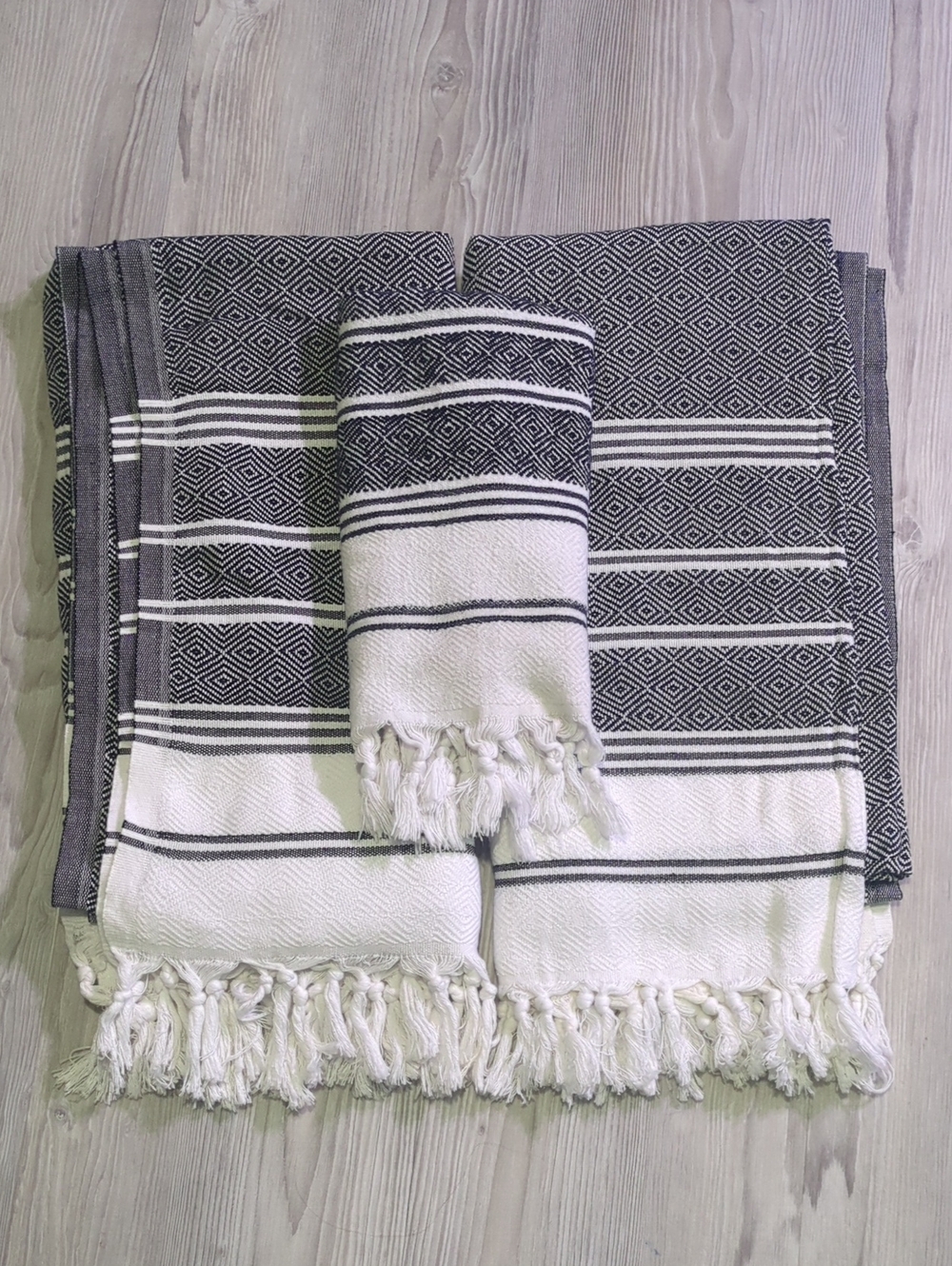 Turkish Peshtemal Style Towel Set 2 Bath Towels & Hand Towel Gray White Fringe B